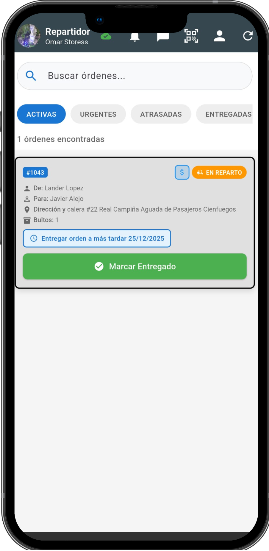 App Repartidor - Pantalla Principal