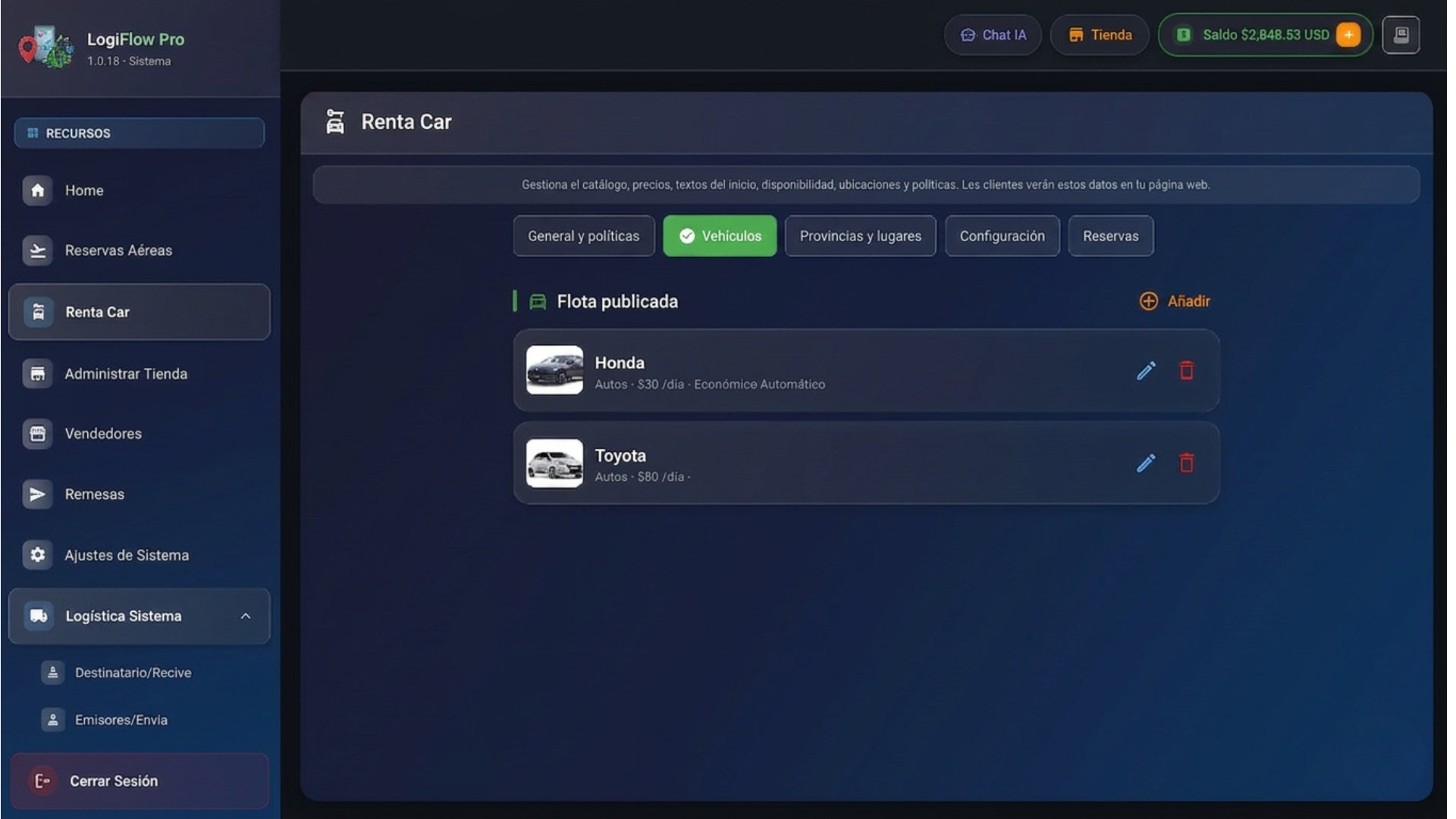 Panel web — Renta car